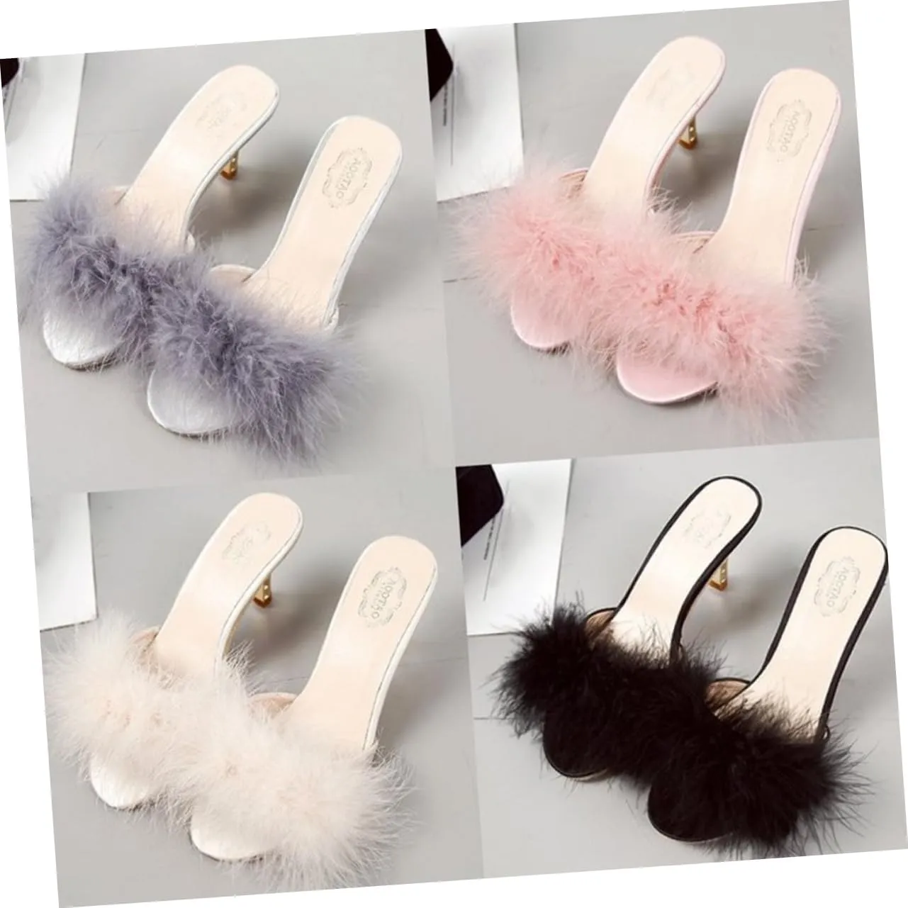 White Womens Faux Fur Kitten Heel Summer Sandals Mules Slip on Open Toe Backless Dress Sexy Low Heeled Slipper Slides Fuzzy Slippers Sandal
