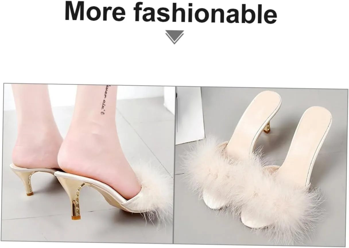 White Womens Faux Fur Kitten Heel Summer Sandals Mules Slip on Open Toe Backless Dress Sexy Low Heeled Slipper Slides Fuzzy Slippers Sandal