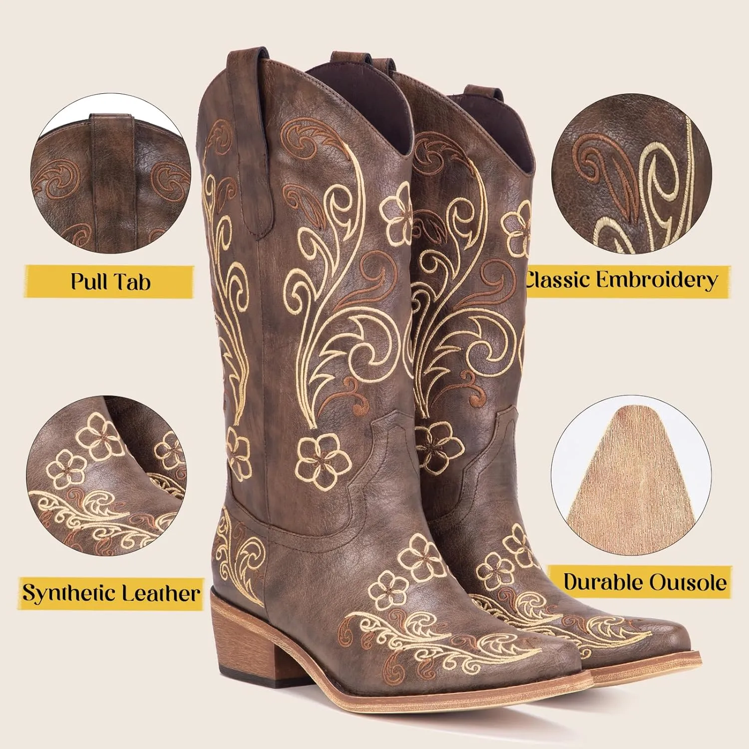 Wide Calf Cowboy Boots for Women Embroidered Cowgirl Boots Mid Calf Women's Western Cowboy Boots Fashion Pointy Toe Cowgirl Boots Pull on