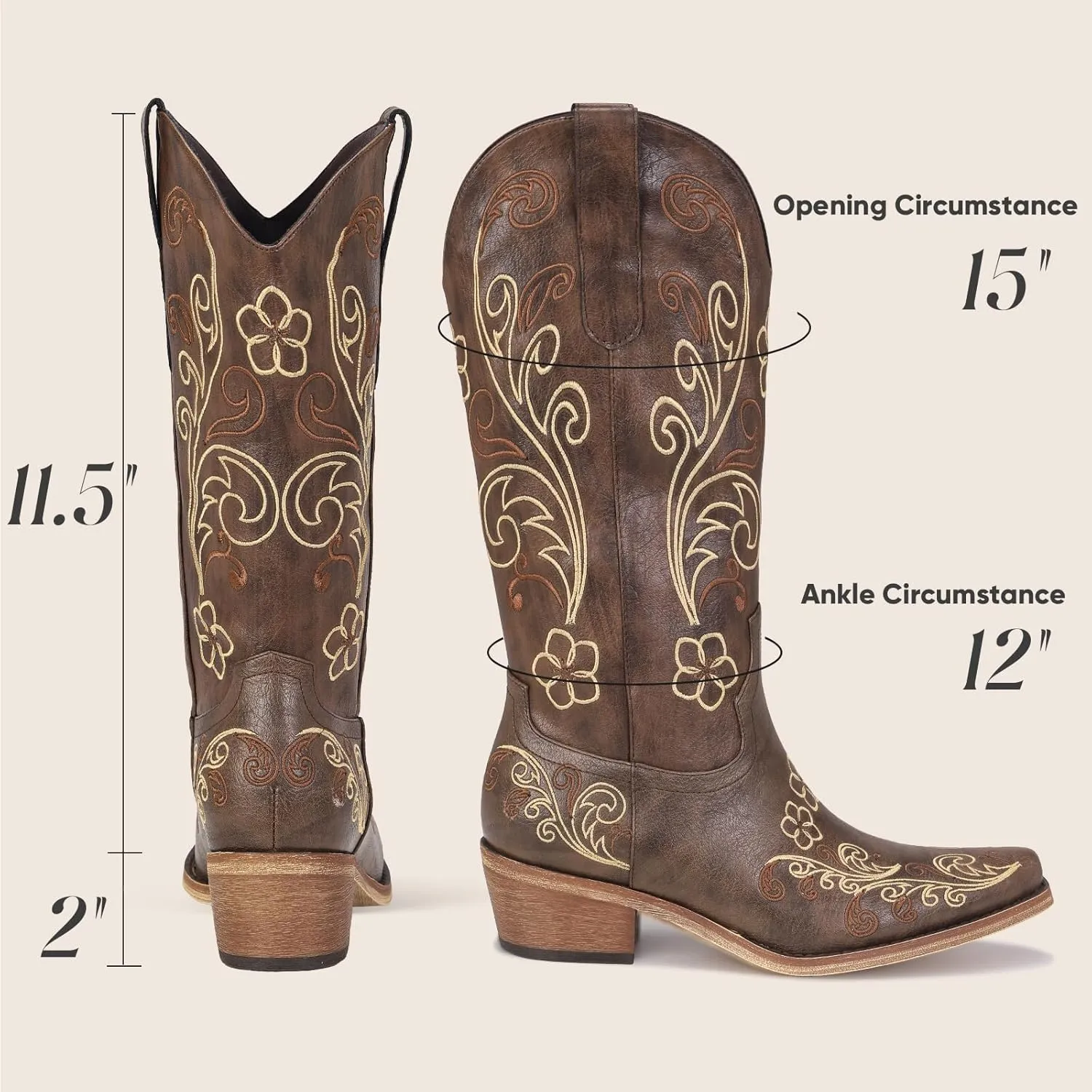 Wide Calf Cowboy Boots for Women Embroidered Cowgirl Boots Mid Calf Women's Western Cowboy Boots Fashion Pointy Toe Cowgirl Boots Pull on