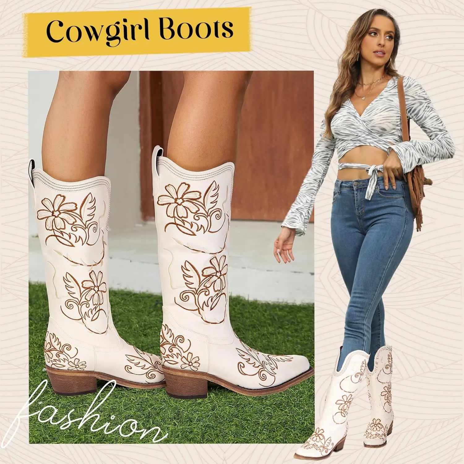 Wide Calf Cowboy Boots for Women Embroidered Cowgirl Boots Mid Calf Women's Western Cowboy Boots Fashion Pointy Toe Cowgirl Boots Pull on