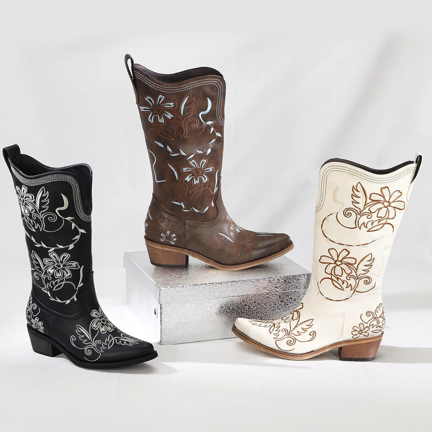 Wide Calf Cowboy Boots for Women Embroidered Cowgirl Boots Mid Calf Women's Western Cowboy Boots Fashion Pointy Toe Cowgirl Boots Pull on