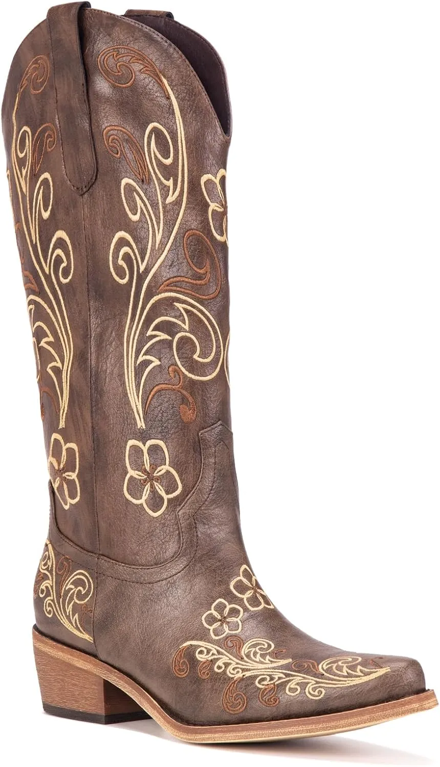 Wide Calf Cowboy Boots for Women Embroidered Cowgirl Boots Mid Calf Women's Western Cowboy Boots Fashion Pointy Toe Cowgirl Boots Pull on