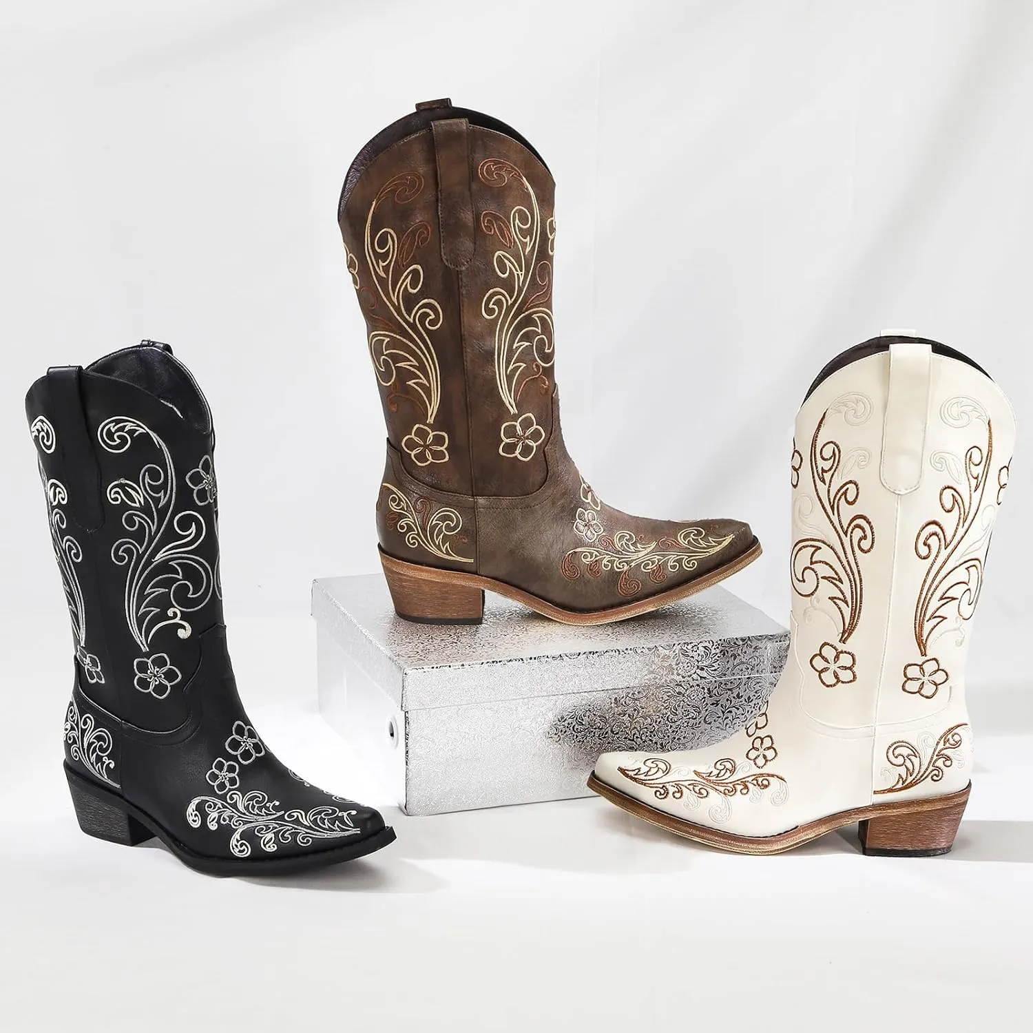 Wide Calf Cowboy Boots for Women Embroidered Cowgirl Boots Mid Calf Women's Western Cowboy Boots Fashion Pointy Toe Cowgirl Boots Pull on