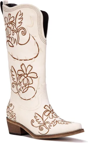 Wide Calf Cowboy Boots for Women Embroidered Cowgirl Boots Mid Calf Women's Western Cowboy Boots Fashion Pointy Toe Cowgirl Boots Pull on