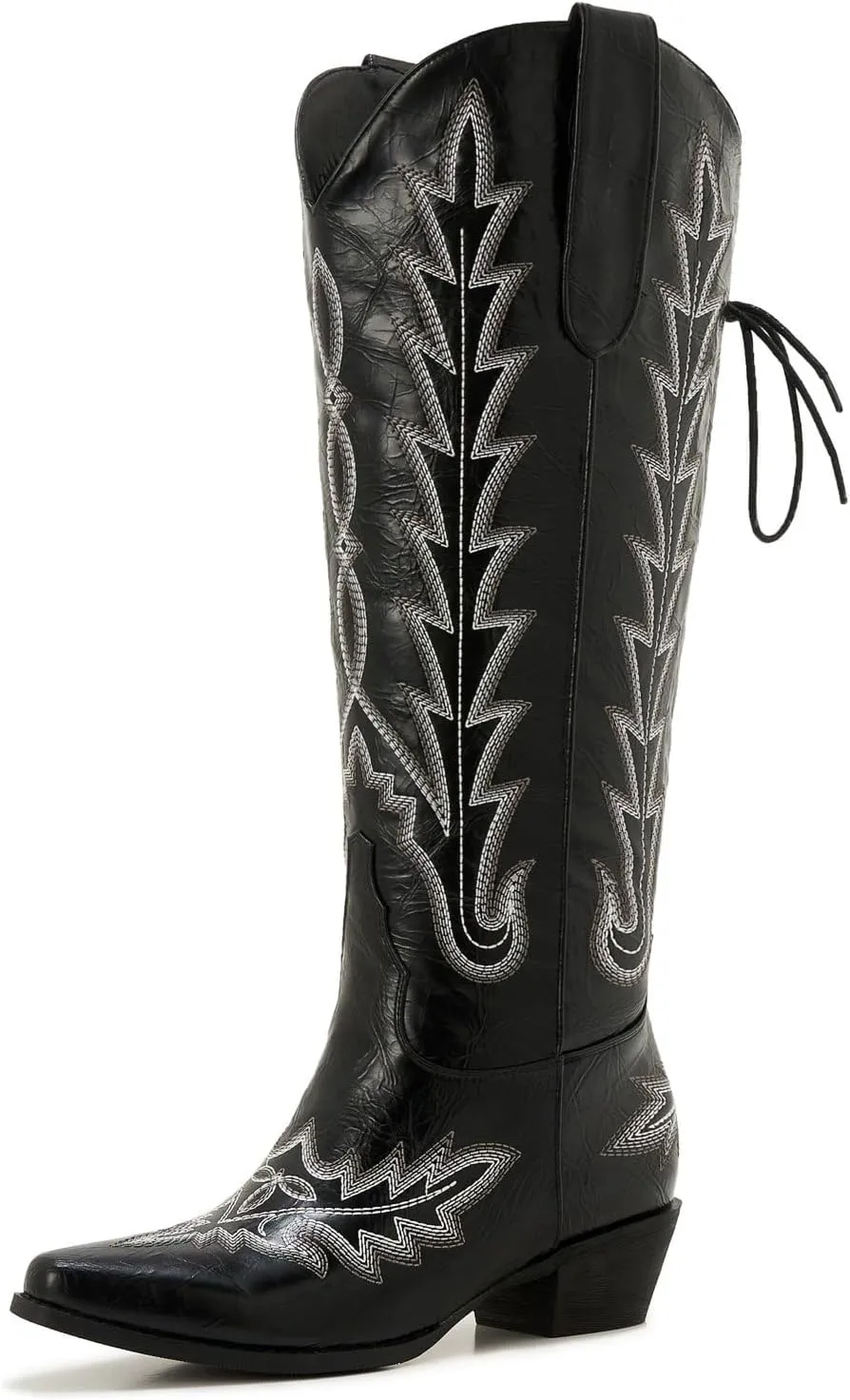 Wide Calf Cowboy Boots Women Knee High Tall Western Cowgirl Boots Adjustable Lace Up Plus Size Comfortable 2-Inch Heel