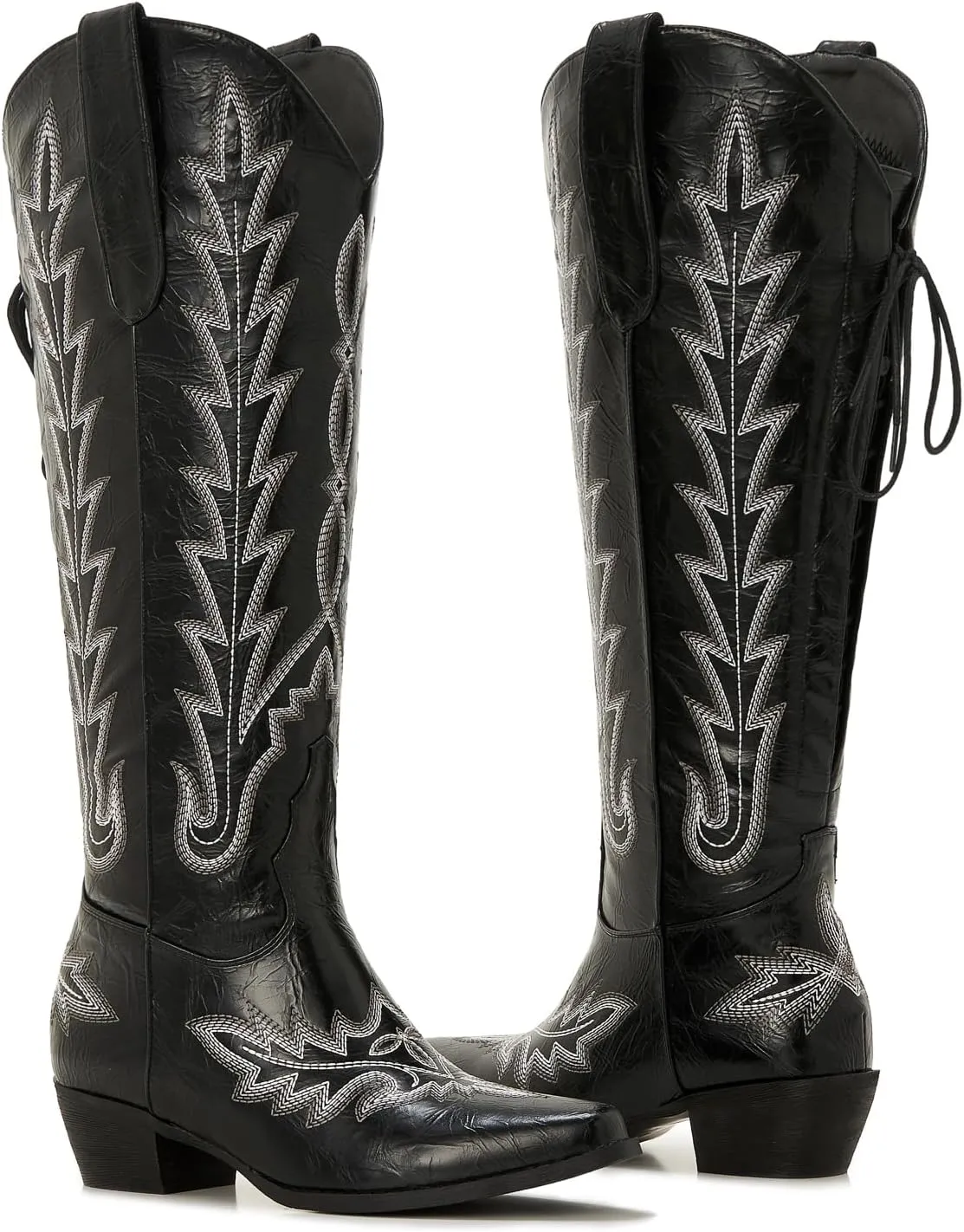 Wide Calf Cowboy Boots Women Knee High Tall Western Cowgirl Boots Adjustable Lace Up Plus Size Comfortable 2-Inch Heel