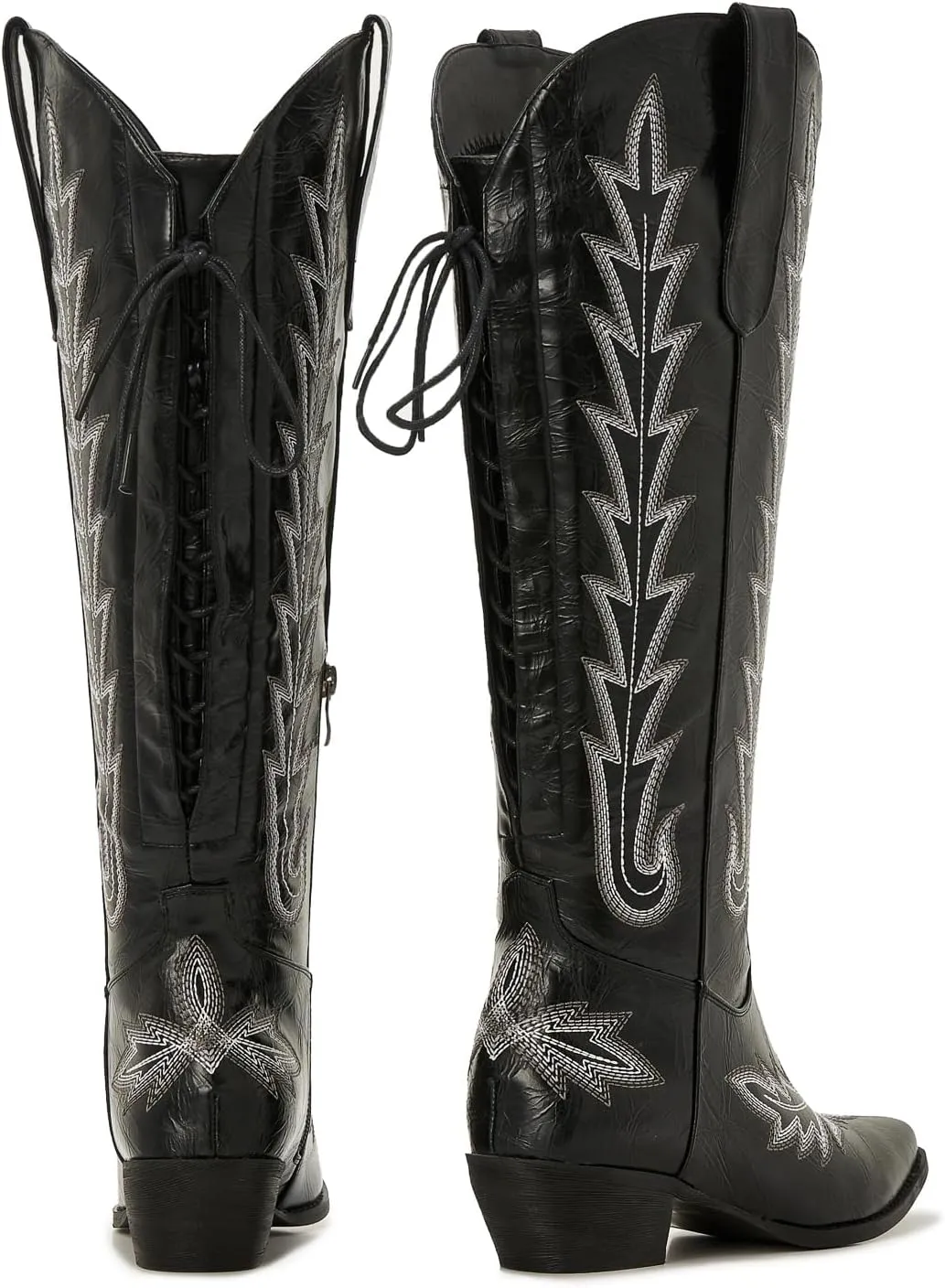 Wide Calf Cowboy Boots Women Knee High Tall Western Cowgirl Boots Adjustable Lace Up Plus Size Comfortable 2-Inch Heel