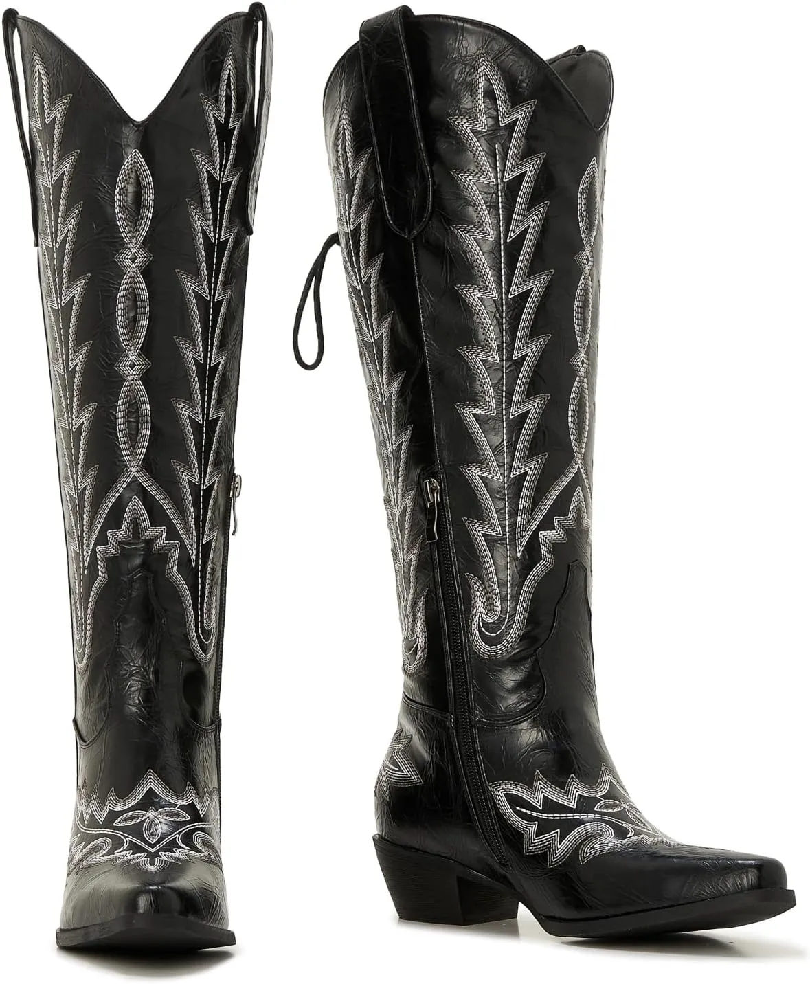 Wide Calf Cowboy Boots Women Knee High Tall Western Cowgirl Boots Adjustable Lace Up Plus Size Comfortable 2-Inch Heel