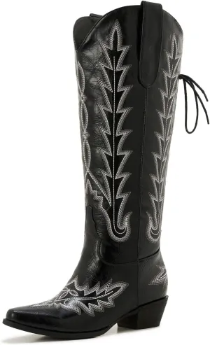 Wide Calf Cowboy Boots Women Knee High Tall Western Cowgirl Boots Adjustable Lace Up Plus Size Comfortable 2-Inch Heel