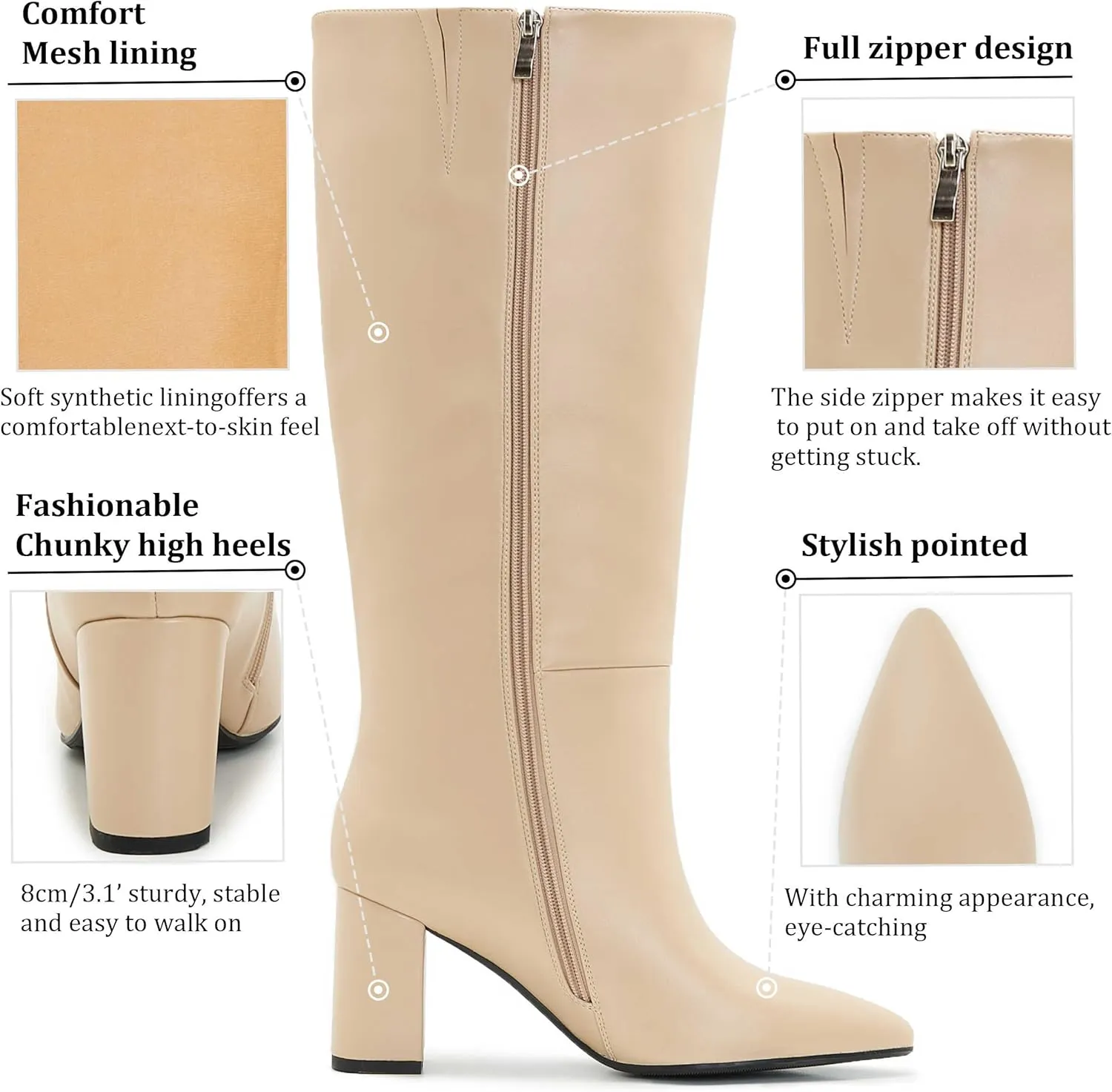 Wide Calf Knee High Boots For Women Plus Size Side Zipper Leather Chunky Heel Boots Heeled Pointed Toe Tall