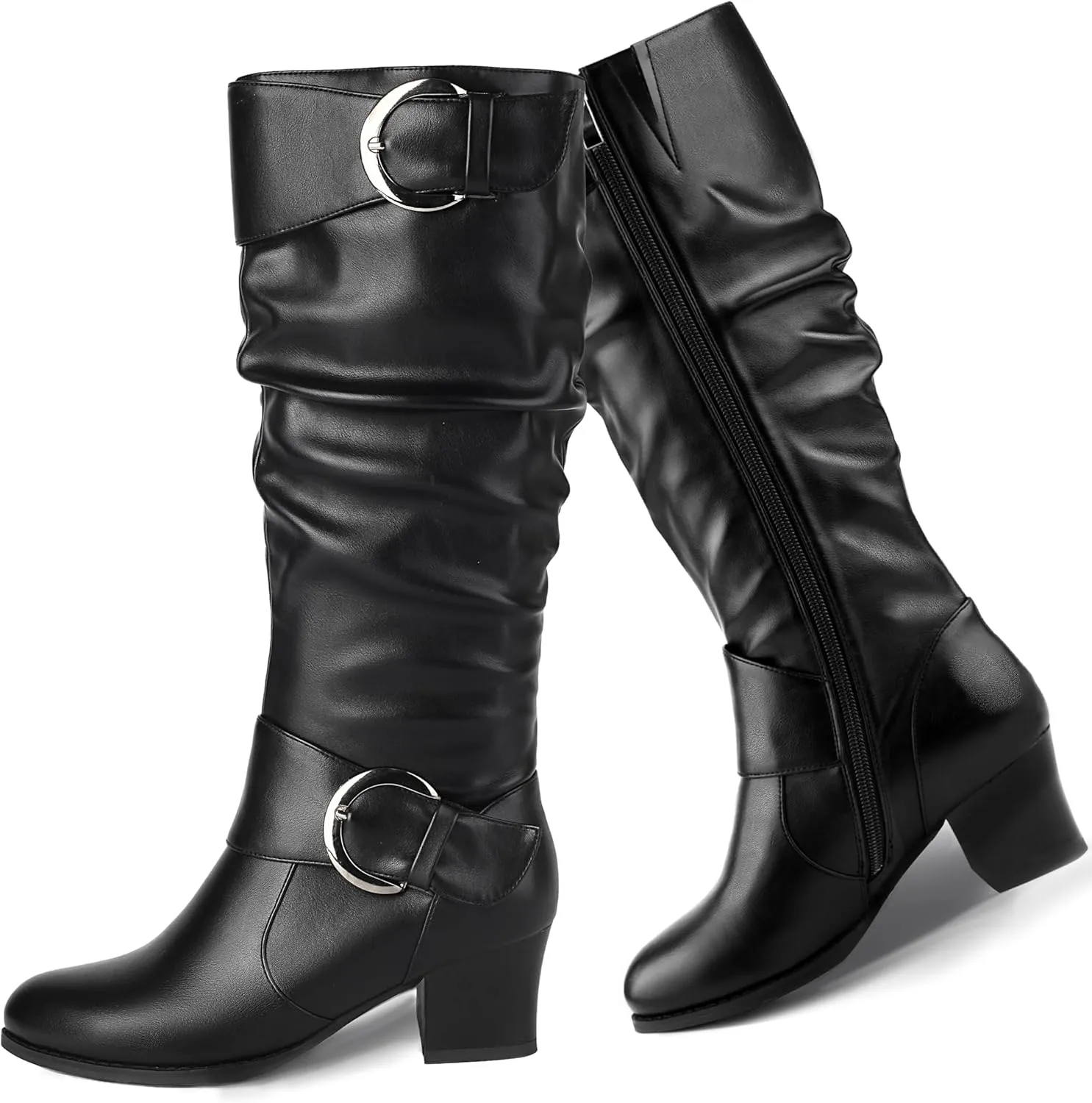 Wide Calf Riding Boots Women Knee High Slouch Round Toe Buckle Victorian Tall Boots Block Mid Heel Knee-High Boots