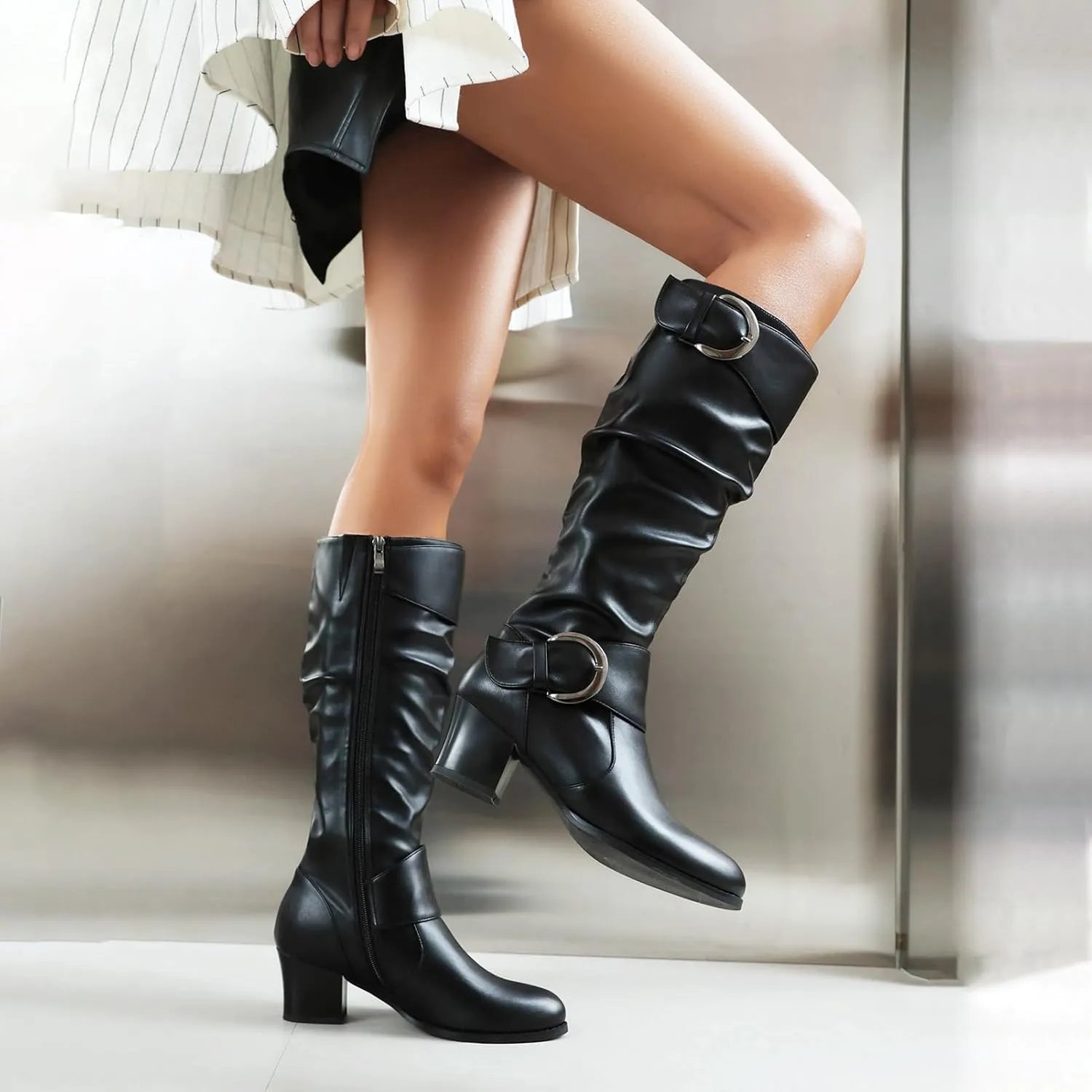 Wide Calf Riding Boots Women Knee High Slouch Round Toe Buckle Victorian Tall Boots Block Mid Heel Knee-High Boots