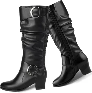 Wide Calf Riding Boots Women Knee High Slouch Round Toe Buckle Victorian Tall Boots Block Mid Heel Knee-High Boots
