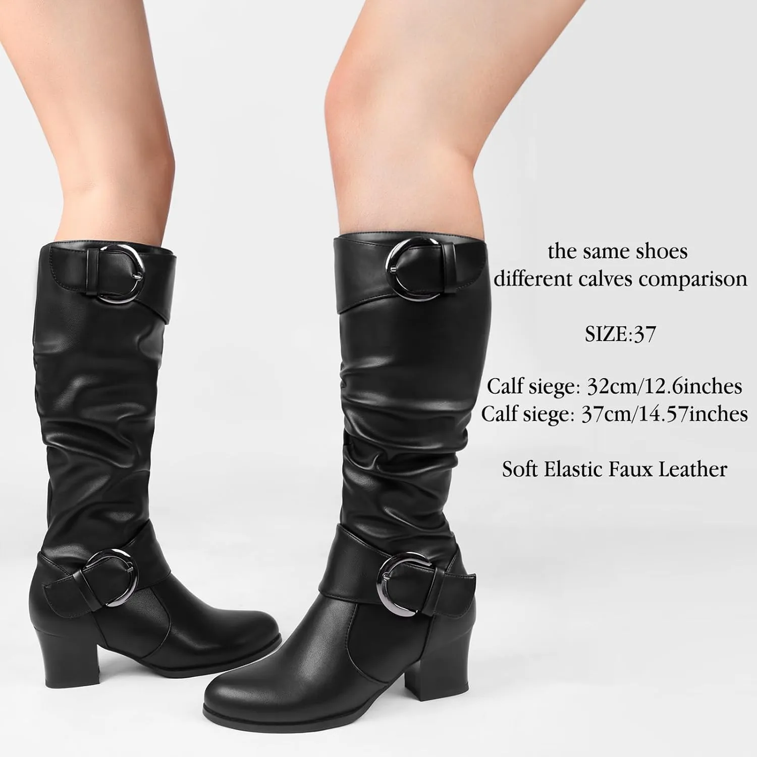 Wide Calf Riding Boots Women Knee High Slouch Round Toe Buckle Victorian Tall Boots Block Mid Heel Knee-High Boots