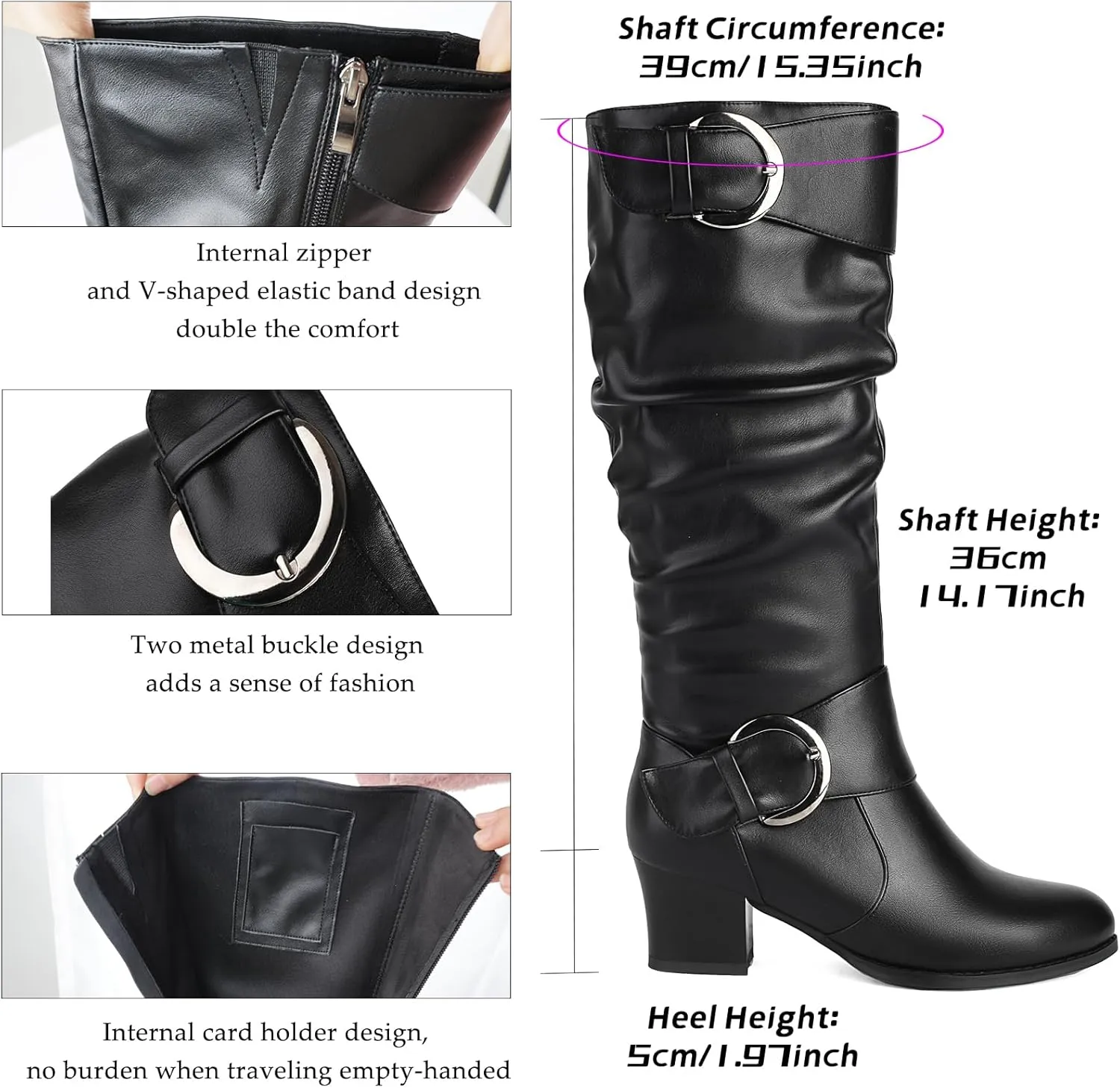 Wide Calf Riding Boots Women Knee High Slouch Round Toe Buckle Victorian Tall Boots Block Mid Heel Knee-High Boots