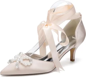 Women for Wedding Shoes Low Heels Kitten Heel Pumps Closed Toe Pointed Toe Women Bride Sandals Ribbon Tie Satin Prom Comfortable Dress Shoes