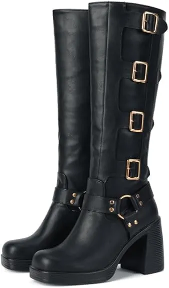 Women Goth Knee High Boots Square Toe Chunky Heel GOGO Boots Platform Pull on Knee Length Boot with Buckle