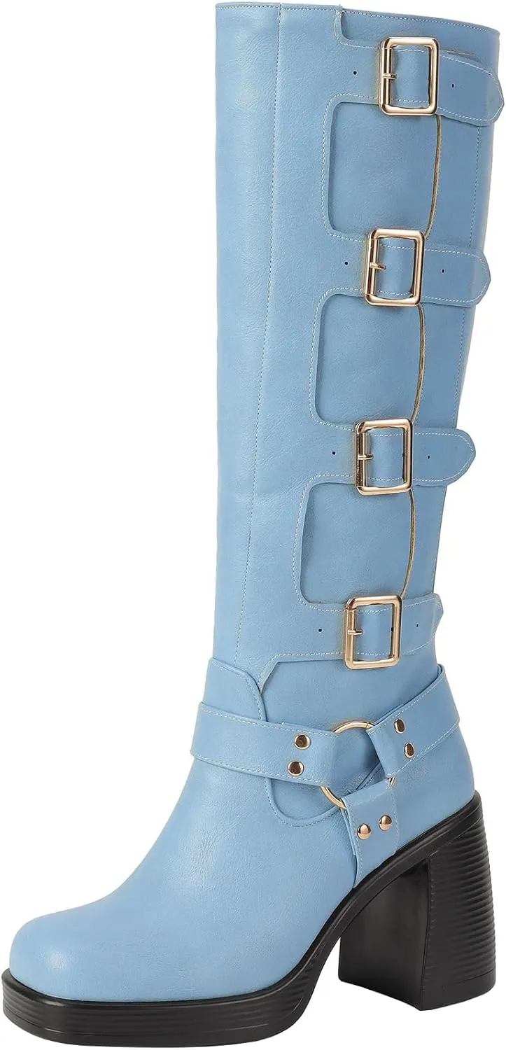 Women Goth Knee High Boots Square Toe Chunky Heel GOGO Boots Platform Pull on Knee Length Boot with Buckle