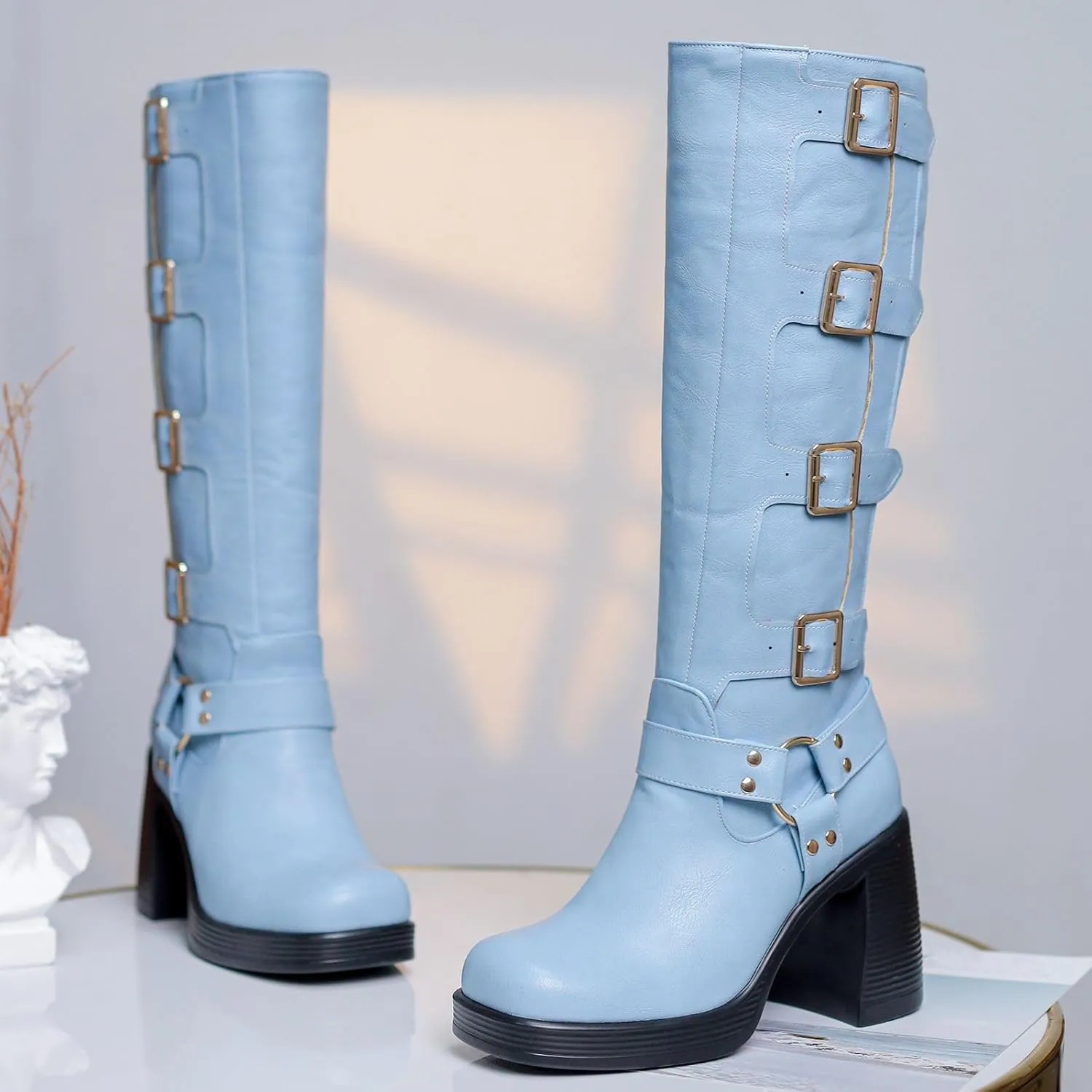 Women Goth Knee High Boots Square Toe Chunky Heel GOGO Boots Platform Pull on Knee Length Boot with Buckle