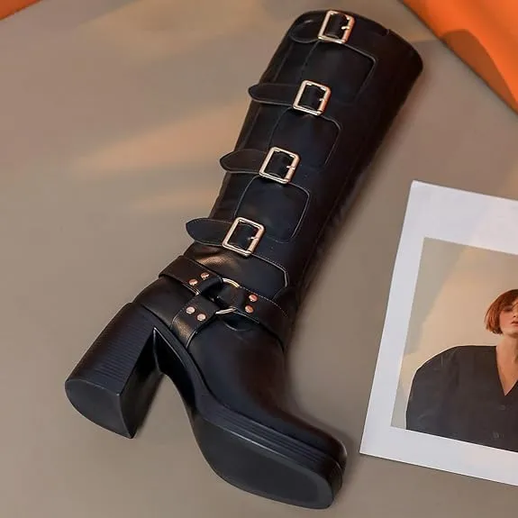 Women Goth Knee High Boots Square Toe Chunky Heel GOGO Boots Platform Pull on Knee Length Boot with Buckle