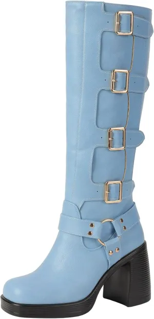 Women Goth Knee High Boots Square Toe Chunky Heel GOGO Boots Platform Pull on Knee Length Boot with Buckle