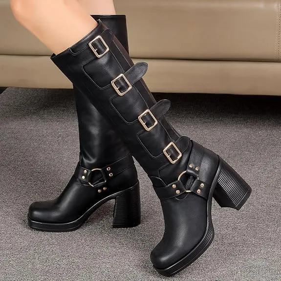 Women Goth Knee High Boots Square Toe Chunky Heel GOGO Boots Platform Pull on Knee Length Boot with Buckle