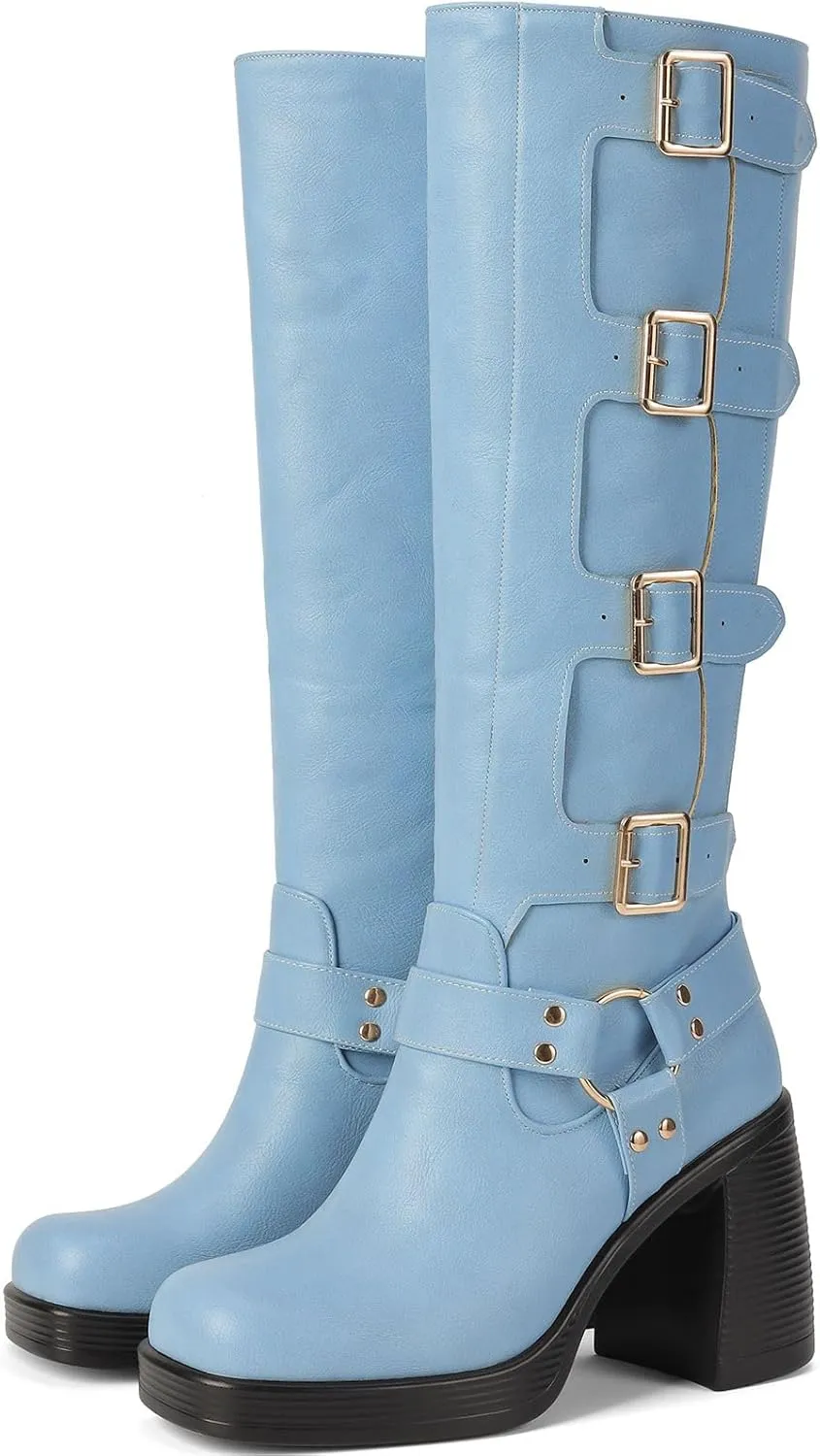 Women Goth Knee High Boots Square Toe Chunky Heel GOGO Boots Platform Pull on Knee Length Boot with Buckle