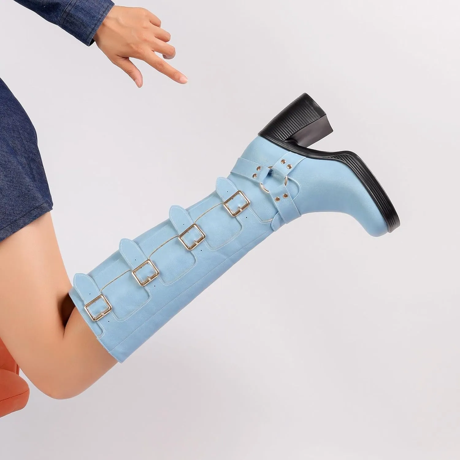 Women Goth Knee High Boots Square Toe Chunky Heel GOGO Boots Platform Pull on Knee Length Boot with Buckle