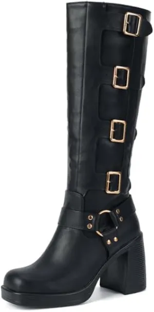 Women Goth Knee High Boots Square Toe Chunky Heel GOGO Boots Platform Pull on Knee Length Boot with Buckle
