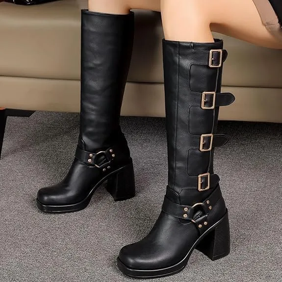 Women Goth Knee High Boots Square Toe Chunky Heel GOGO Boots Platform Pull on Knee Length Boot with Buckle