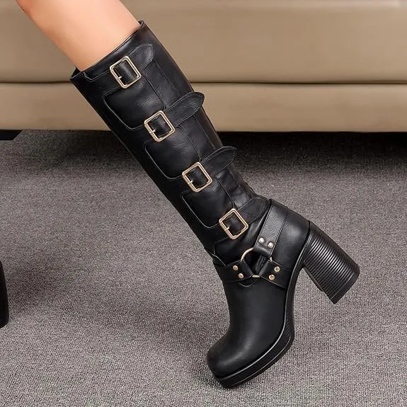 Women Goth Knee High Boots Square Toe Chunky Heel GOGO Boots Platform Pull on Knee Length Boot with Buckle