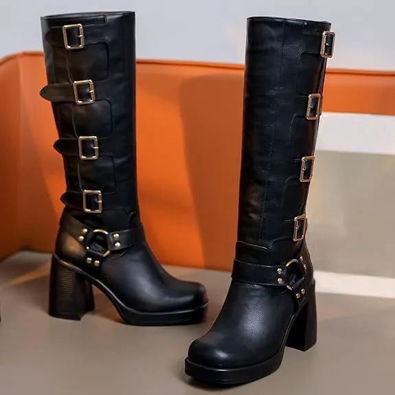 Women Goth Knee High Boots Square Toe Chunky Heel GOGO Boots Platform Pull on Knee Length Boot with Buckle
