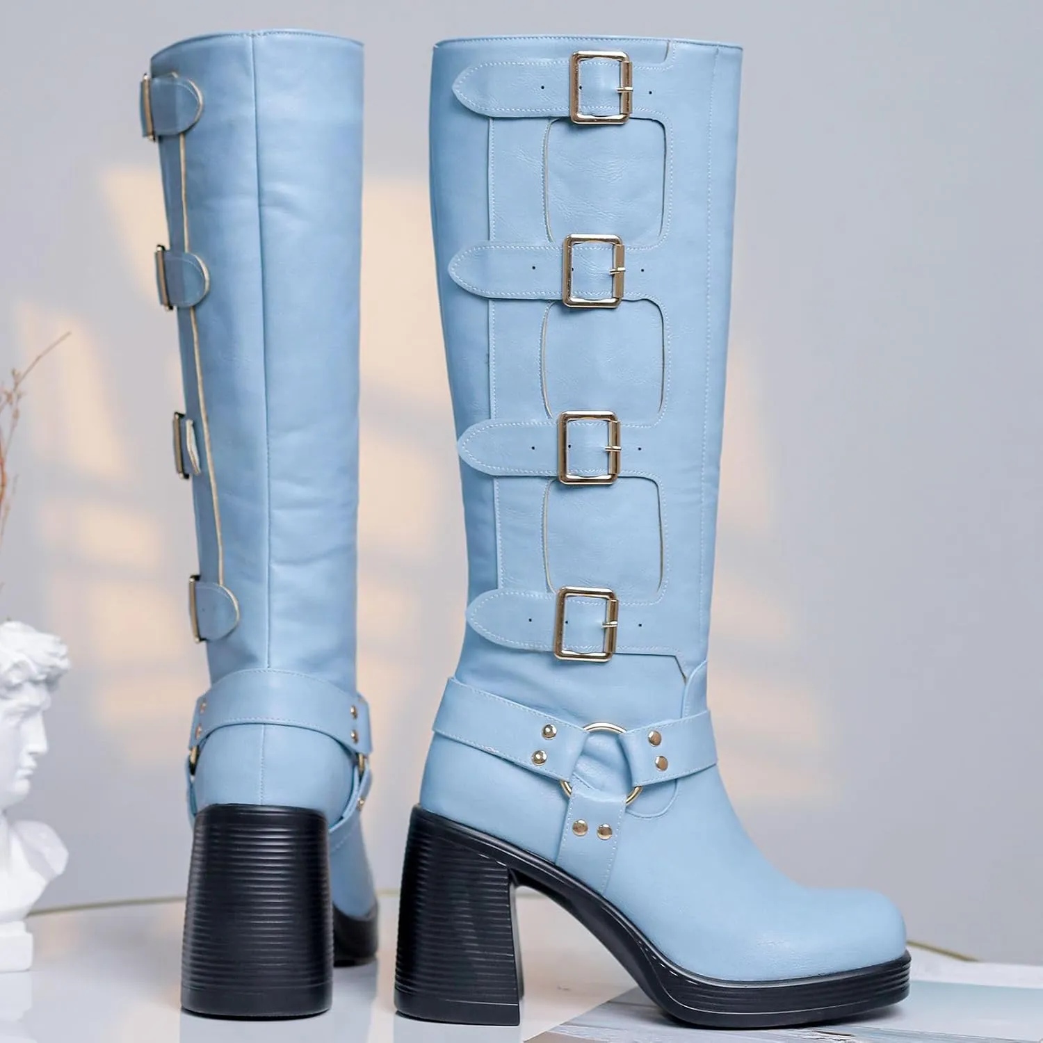 Women Goth Knee High Boots Square Toe Chunky Heel GOGO Boots Platform Pull on Knee Length Boot with Buckle