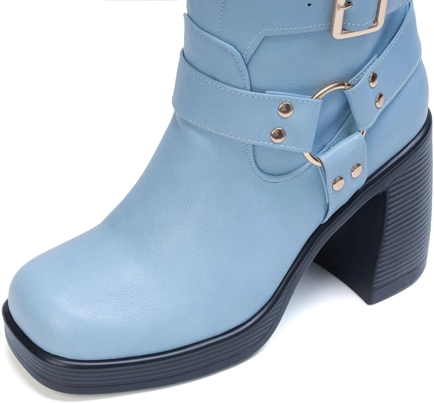 Women Goth Knee High Boots Square Toe Chunky Heel GOGO Boots Platform Pull on Knee Length Boot with Buckle