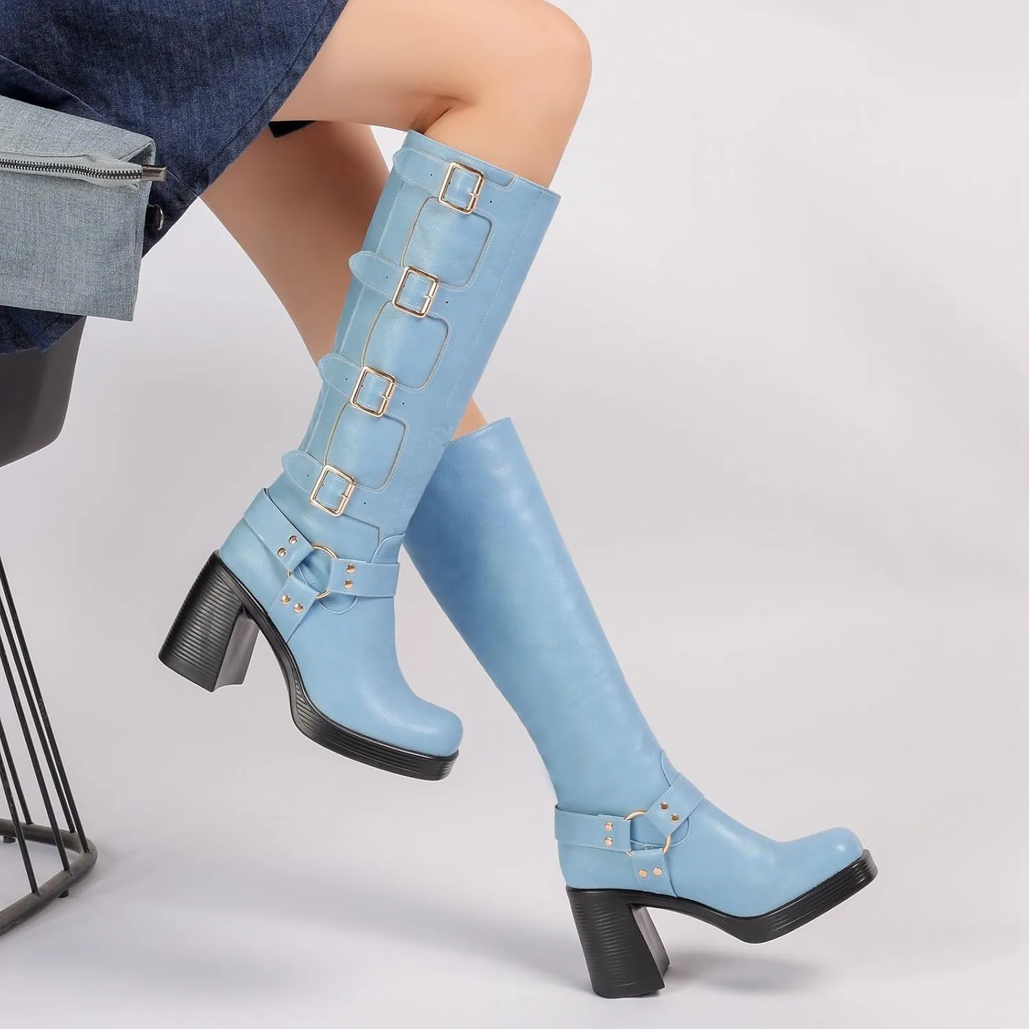 Women Goth Knee High Boots Square Toe Chunky Heel GOGO Boots Platform Pull on Knee Length Boot with Buckle