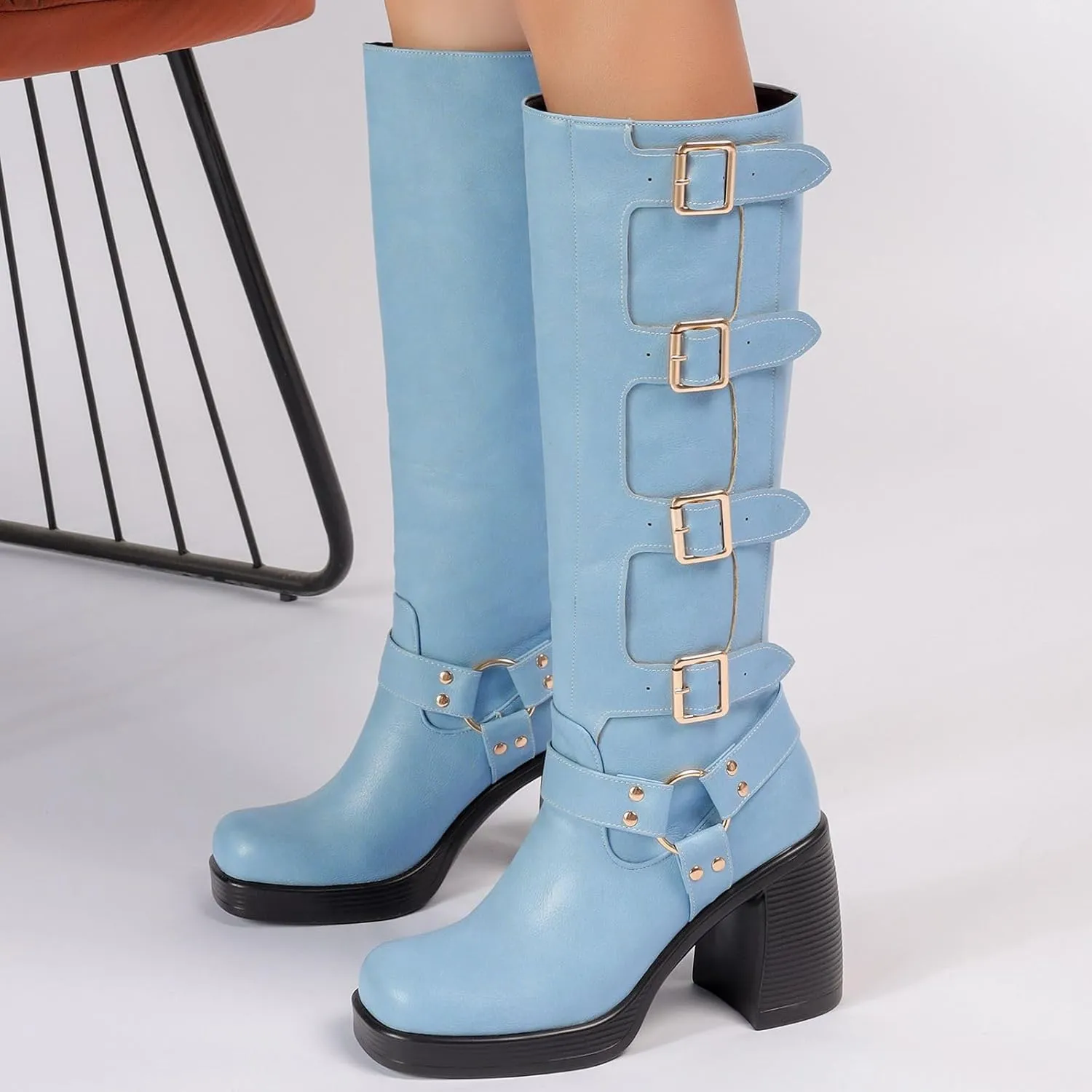 Women Goth Knee High Boots Square Toe Chunky Heel GOGO Boots Platform Pull on Knee Length Boot with Buckle