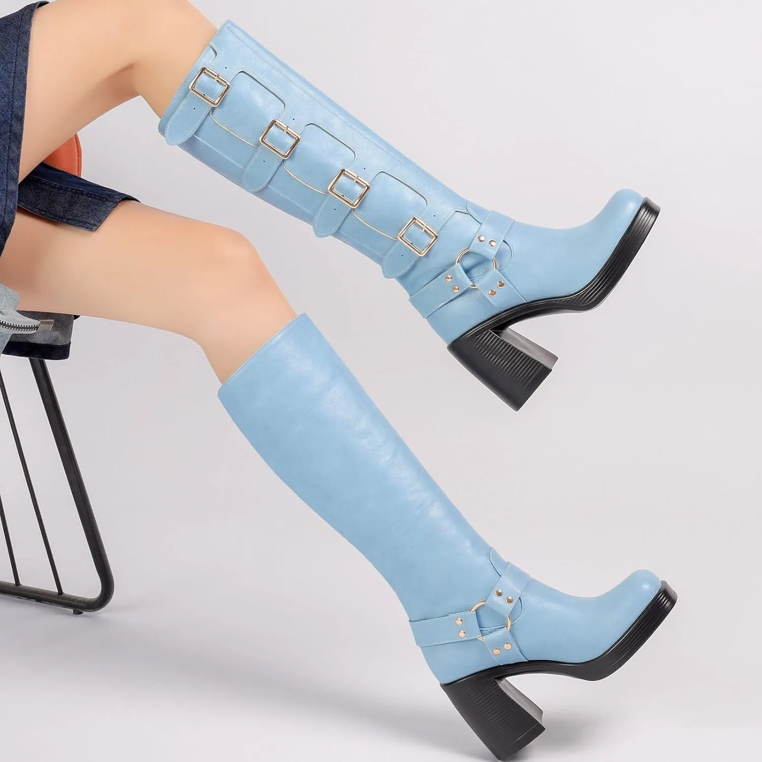 Women Goth Knee High Boots Square Toe Chunky Heel GOGO Boots Platform Pull on Knee Length Boot with Buckle