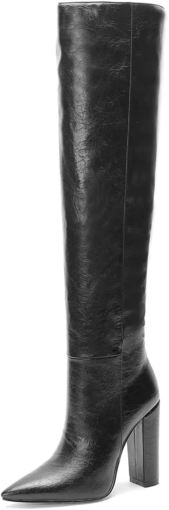 Women Leather Knee High Boots Block Heel Vintage Thigh High Chunky Heeled Dress Shoes for Daily