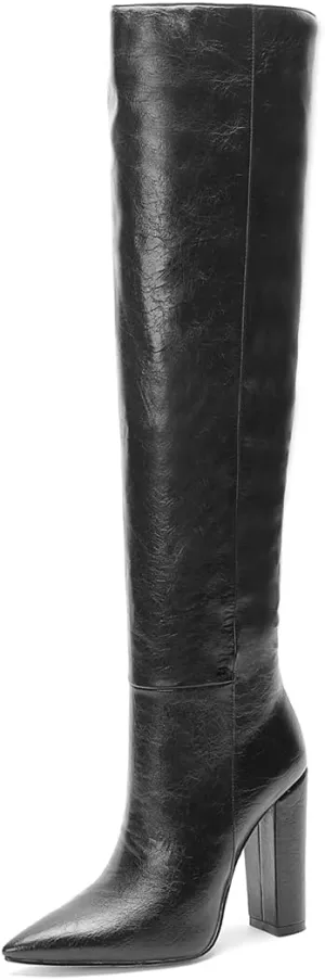 Women Leather Knee High Boots Block Heel Vintage Thigh High Chunky Heeled Dress Shoes for Daily