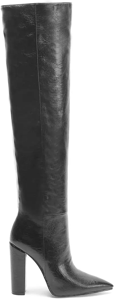 Women Leather Knee High Boots Block Heel Vintage Thigh High Chunky Heeled Dress Shoes for Daily