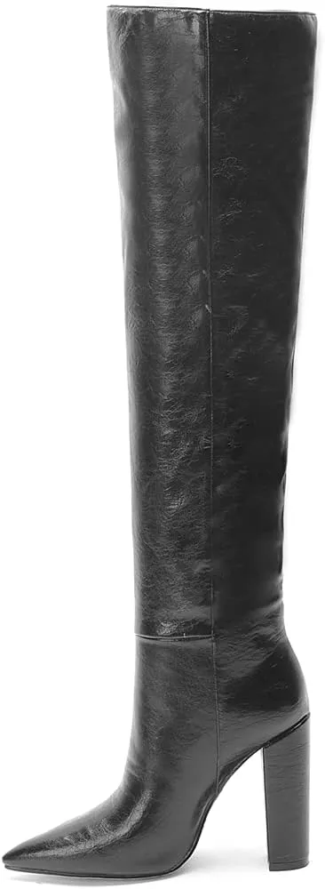 Women Leather Knee High Boots Block Heel Vintage Thigh High Chunky Heeled Dress Shoes for Daily