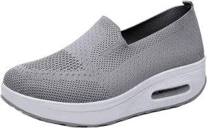 Women Orthopedic Air Cushion Walking Shoes Slip-On Platform Mesh Stretch Wedge Sneakers for Arch Support Light Toning Rocker Shoe