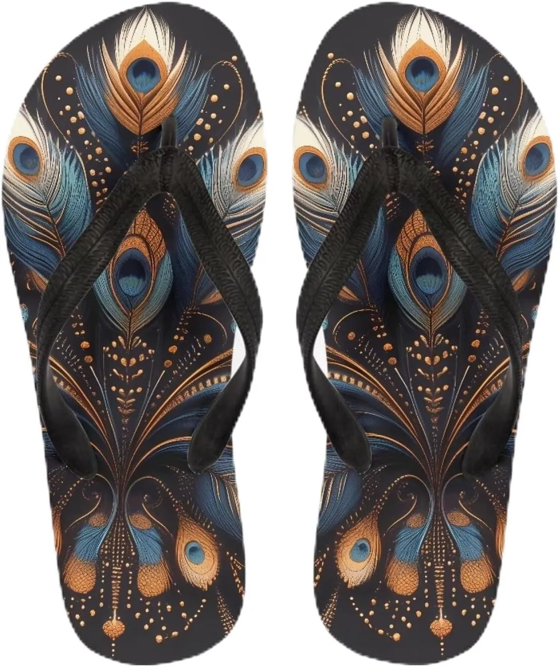 Women Peacock Feather Flip Flop Sandal, Summer Watercolor Feathers Painting Lightweight Slippers Print Hawaii Holiday Thong Sandals US 5