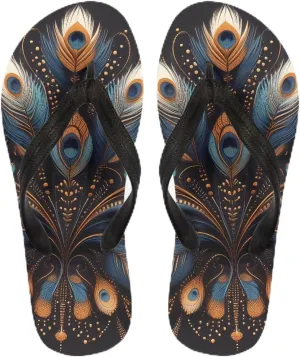 Women Peacock Feather Flip Flop Sandal, Summer Watercolor Feathers Painting Lightweight Slippers Print Hawaii Holiday Thong Sandals US 5