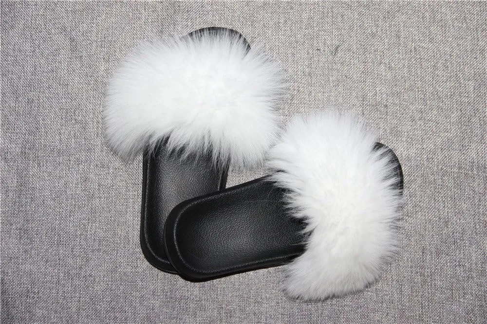 Women Real Fox Fur Feather Vegan Leather Open Toe Single Strap Slip On Sandals Multicolor