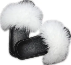 Women Real Fox Fur Feather Vegan Leather Open Toe Single Strap Slip On Sandals Multicolor