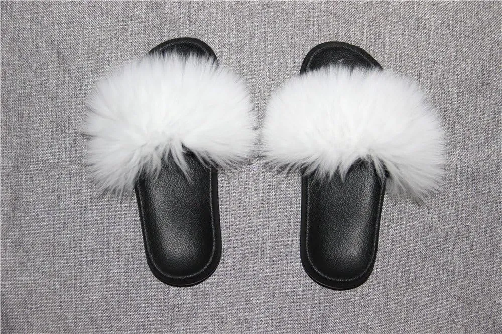 Women Real Fox Fur Feather Vegan Leather Open Toe Single Strap Slip On Sandals Multicolor