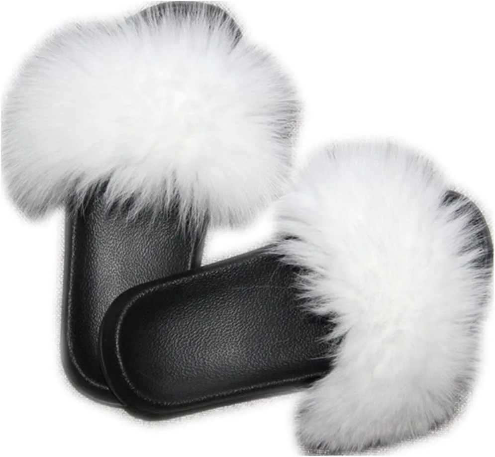Women Real Fox Fur Feather Vegan Leather Open Toe Single Strap Slip On Sandals Multicolor