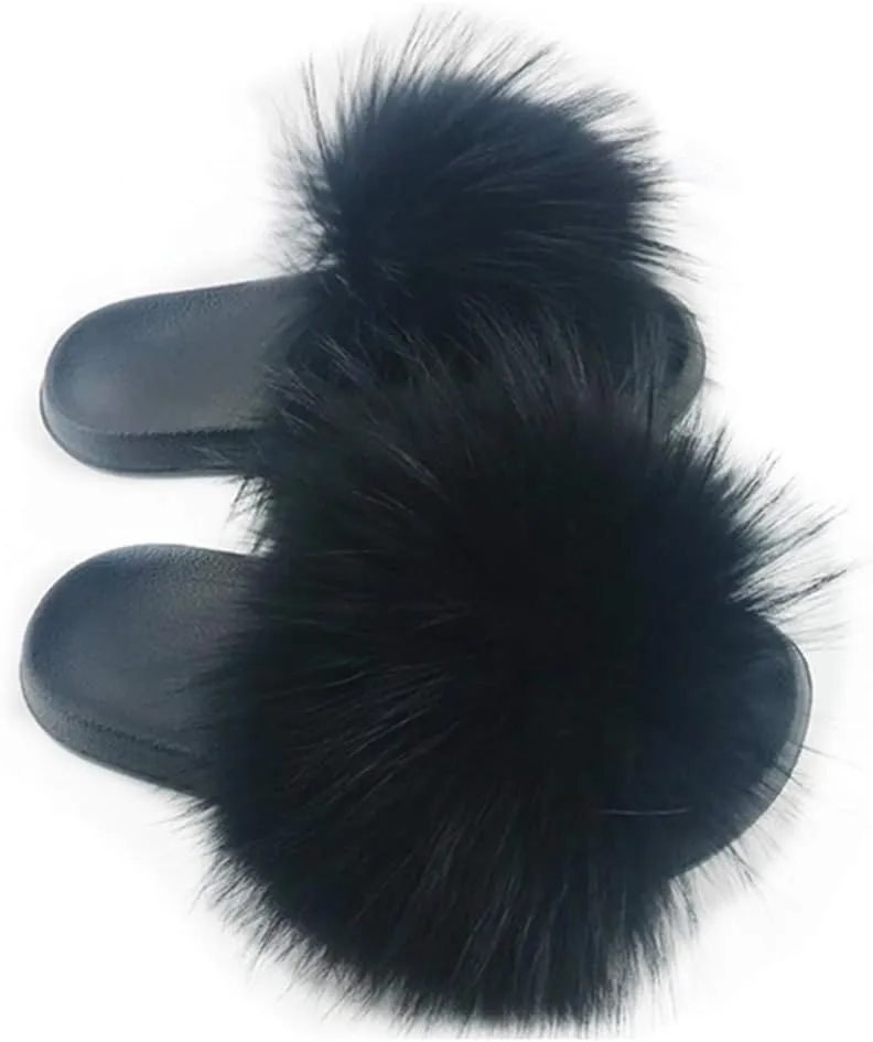 Women Real Fox Fur Feather Vegan Leather Open Toe Single Strap Slip On Sandals Multicolor